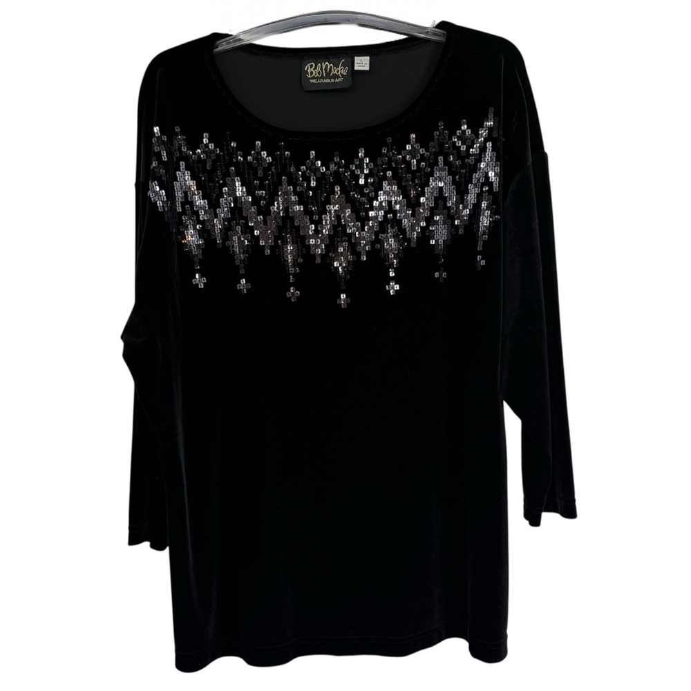 Bob Mackie Sequin velvet Top Size L Black Art to Wear Blouse 3/4 Sleeves